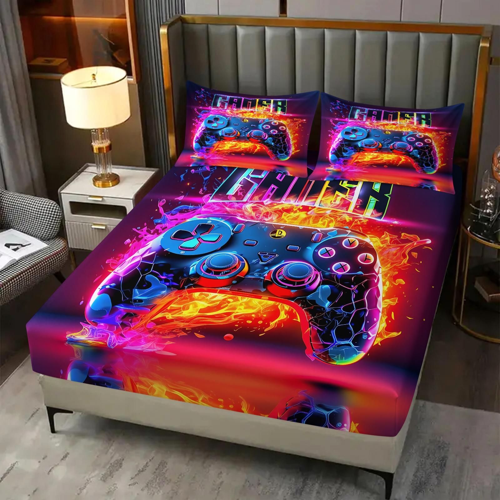 Futuristic, Modern Flair, Energetic Gaming Controller 3pcs Fitted Sheet Set, Flame Neon Effects, Dynamic Vibrant Digital Printed Bedding Set, Comfort Ultra-Fine Fiber Bed Cover, Stylish Energetic Home Decoration, Includes 2 Pillowcases, No Pillow Core