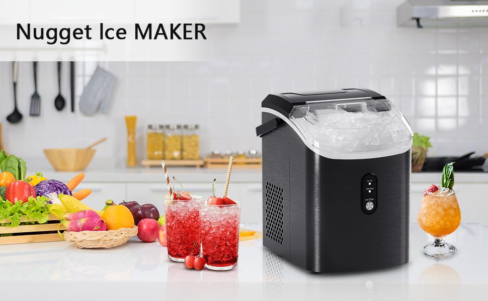 COWSAR Nugget Ice Maker with Handle,33lbs/Day, Produce a Basket in 1.5 Hour, Self-Cleaning, One-Click Design, Compact Ice Maker Nugget with Chewy Ice for Home Bar Party,Black