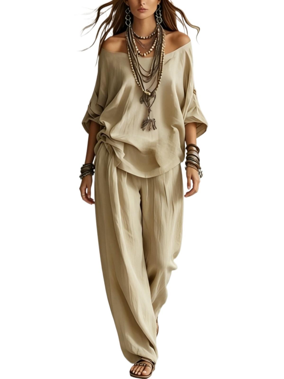 Women's Summer Solid 3/4 Sleeve Tops & Wide Leg Pants Set, Casual Loose Simple Fashion Outfit, Daily Holiday Travel Two Piece Set Women's Summer Solid 3/4 Sleeve Tops & Wide Leg Pants Set, Casual Loose Simple Fashion Outfit, Daily Holiday Travel Two Piece Set
