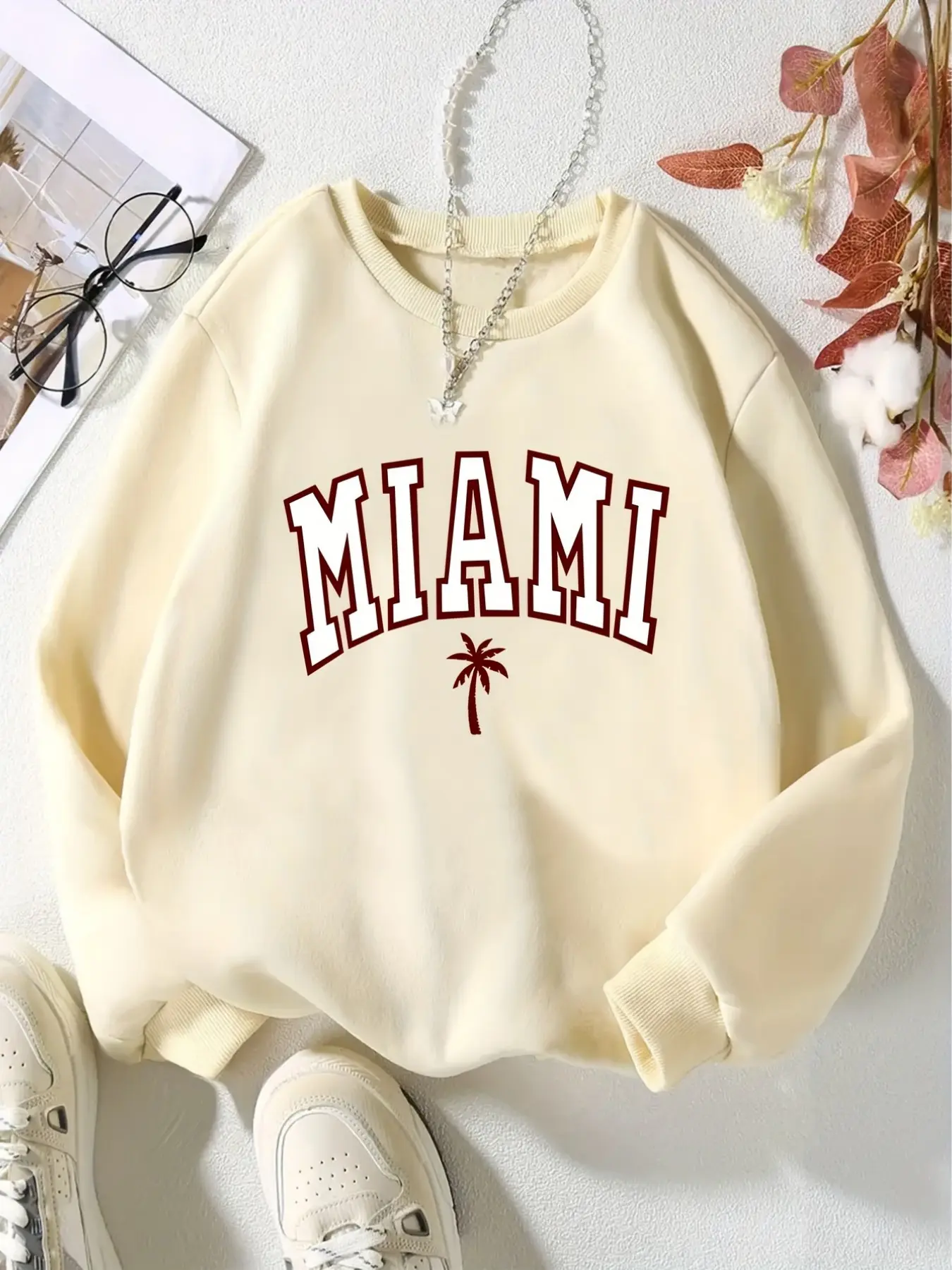 Miami Letter Print Sweatshirt, Women's Loose Casual Long Sleeve Top, Fall & Winter Fashion Outerwear, Graphic Crewneck Sweatshirt