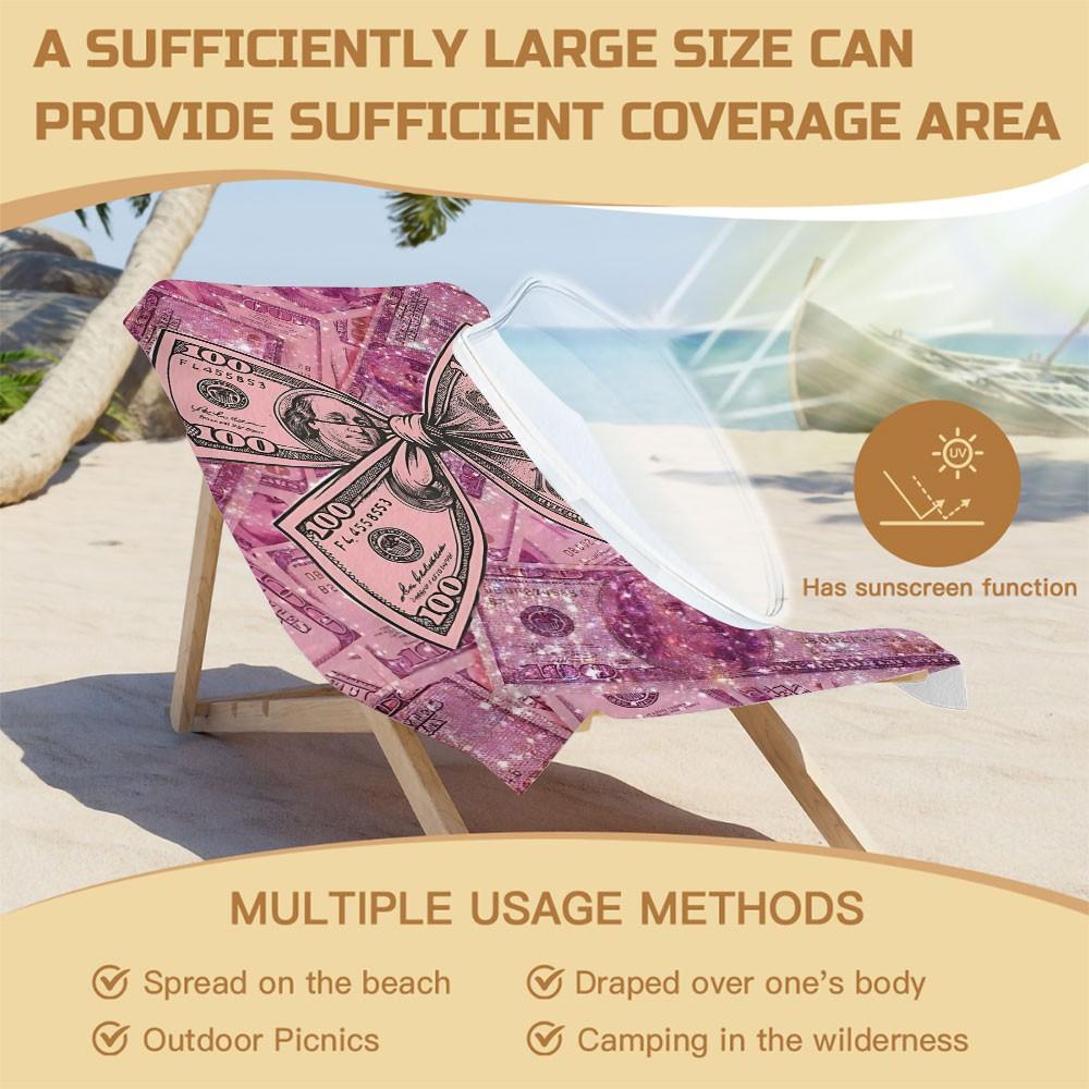 Printed Microfiber Beach Towel - Luxury Pink Dollar Bow Aesthetic Beach Towel - Soft & Absorbent Digital Print Microfiber Bath Towel for Pool, Travel, Yoga, and Vacation - Lightweight Multipurpose Oversized Towel for Summer Beach Days and Home Decor.