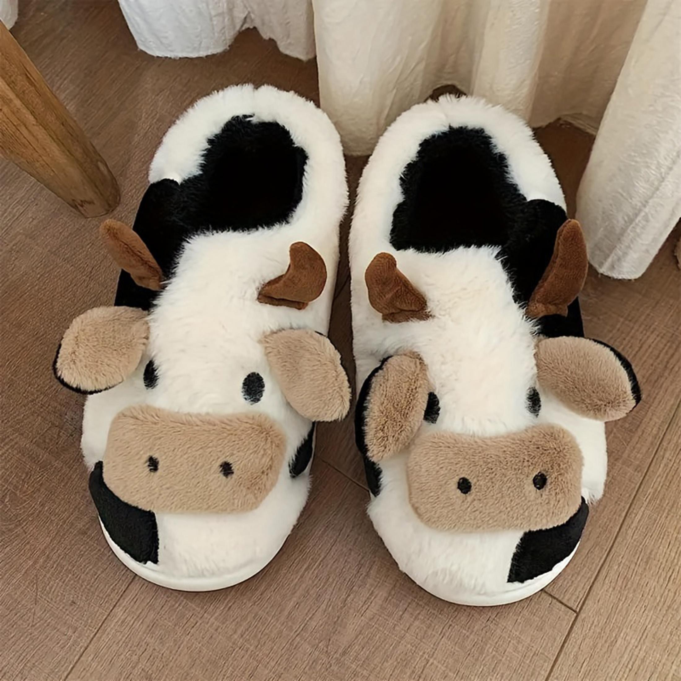 Women's Fuzzy Cow Cotton Slippers Portable Animal Slippers For Indoor Outdoor Warmth Lovely In Winter Springfresh
