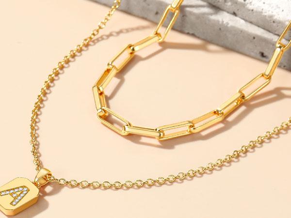 FindChic A-Z 26 Letters Double Layer Choker Necklace Set Alphabet Initial Name Lariat Chain Minimalist Pendant Seperated Chain Everyday Jewelry For Women