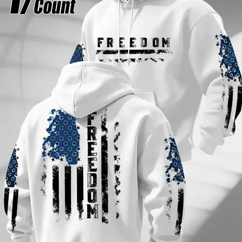 Men's Distressed American Flag and FREEDOM Graphic Hoodie, Comfortable Long-Sleeve Drawstring Pullover, Casual Patriotic Streetwear for Labor Day Celebrations and Daily Wear