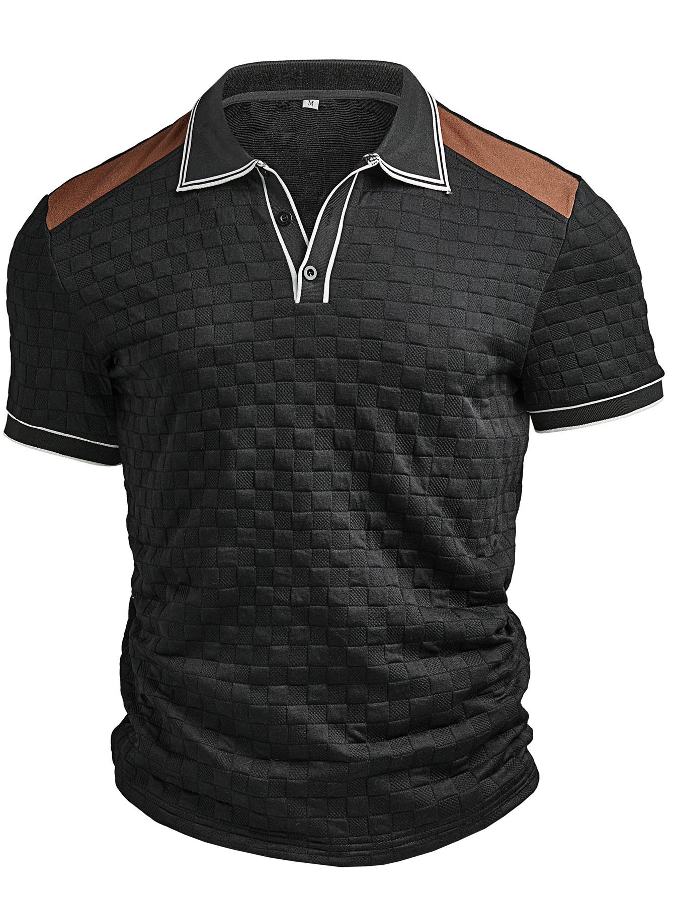 Men's Spring New Fashion Checkered Polo Shirt, Colorblock Design, Daily Commute Wear, 100% Polyester Fiber, Durable Fabric