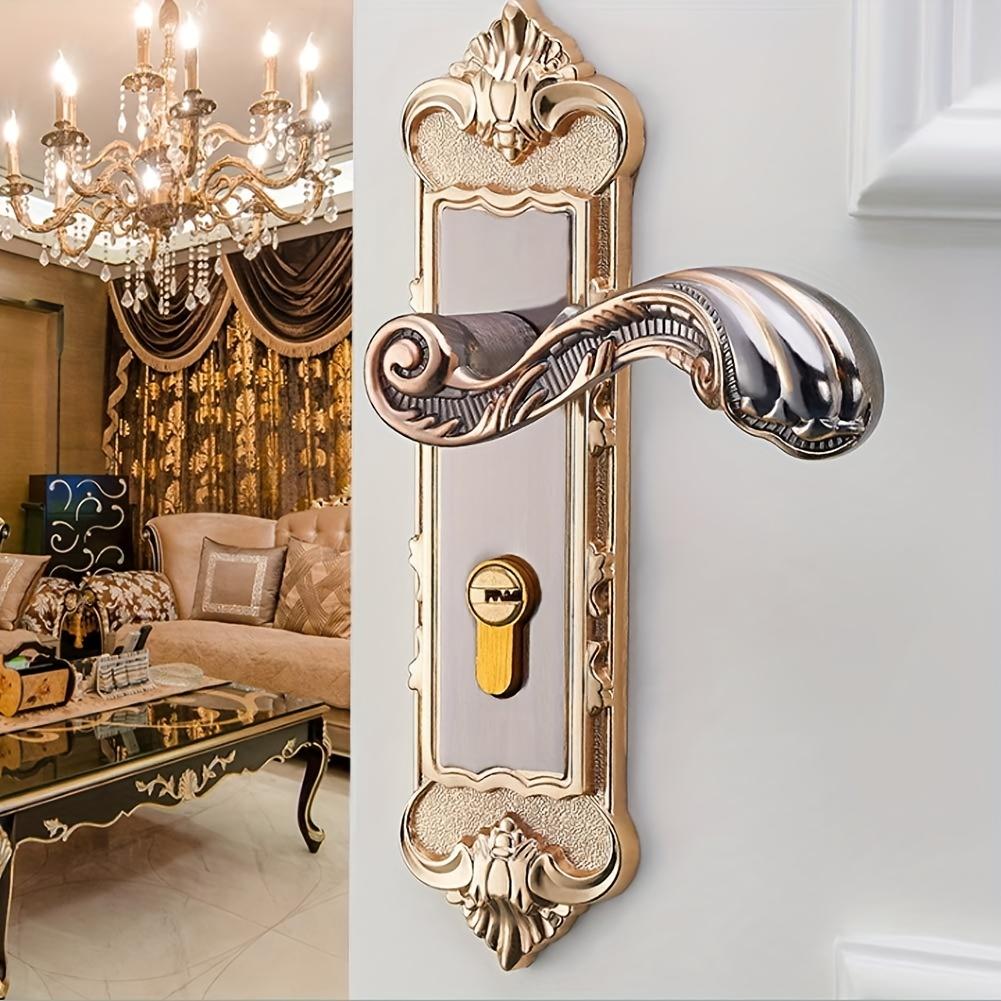 European-Style Metal Door Lock Set with Lever Handle, Key, Screws. Elegant Golden & Black Design for Bedroom, Bathroom, Hotel, Basement, Front Door, Kitchen. Bathroom Locks, Hotel Room Security, Luxurious Finish, Durable Construction.