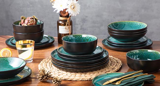 vancasso PLA Plates and Bowls Sets, 16/18/24 Pieces Stoneware Dinnerware Sets Dishes Set Modern kitchen Dishware Sets Service for 4-6 People, Dishwasher and Microwave Safe, Blue, Black, Green Set