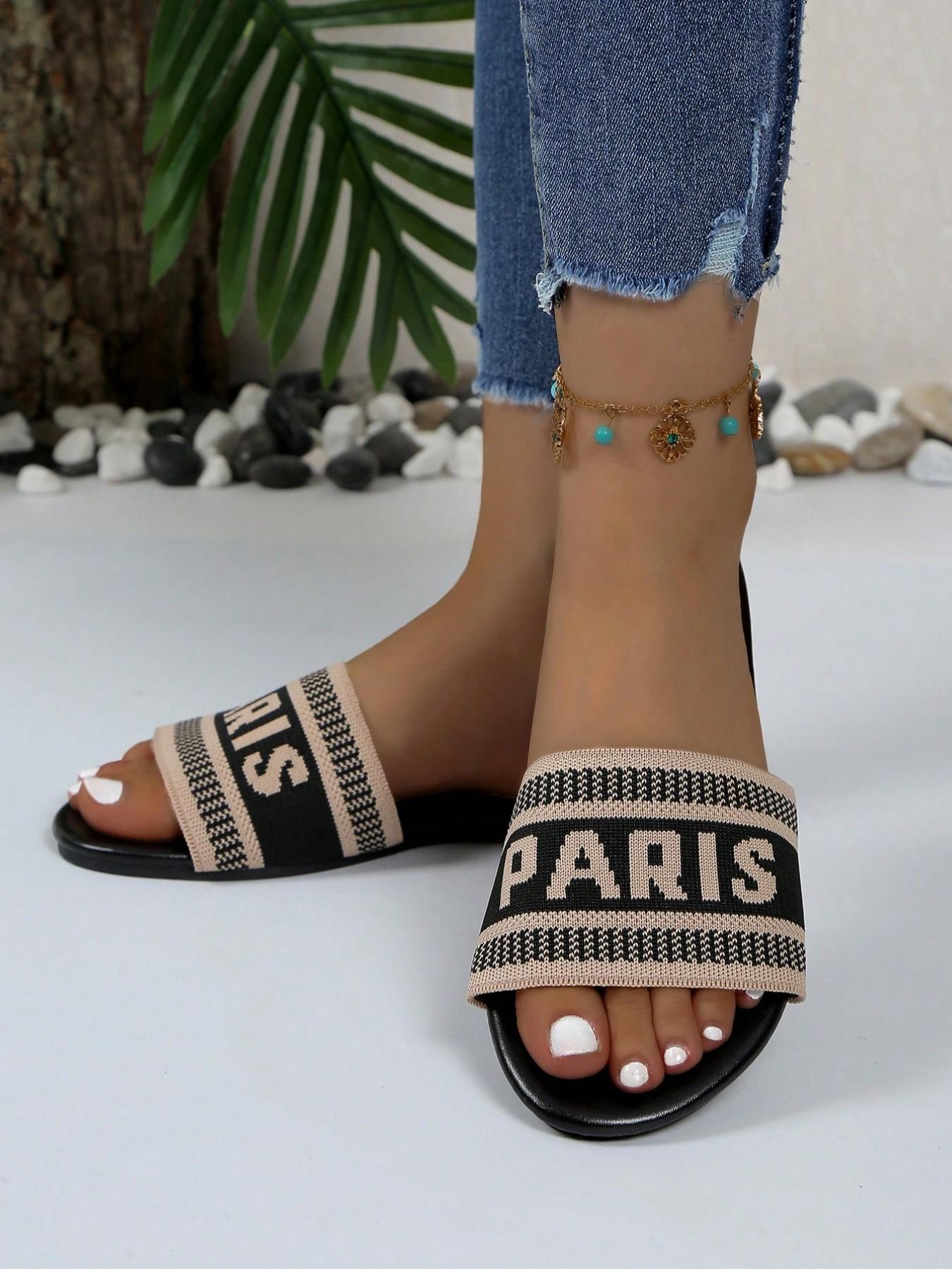 Paris Letter Print Sandals, Letter Print Slides, PU Leather Round Toe, Wide Fit, Soft Sole, Anti-Slip, Summer Streetwear, Beach, Home, Shopping