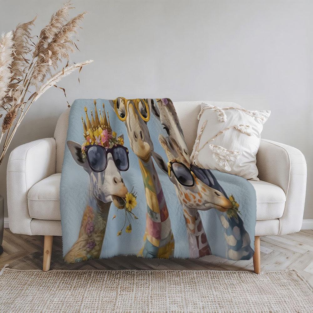 Passionate Lily Giraffe Blanket - Soft Flannel Giraffe Pattern with Crown and Stylish Glasses, Thick Fleece Blanket, Bedroom Throw, Couple's Blanket, Extra Large Leisure Blanket, Living Room Blank