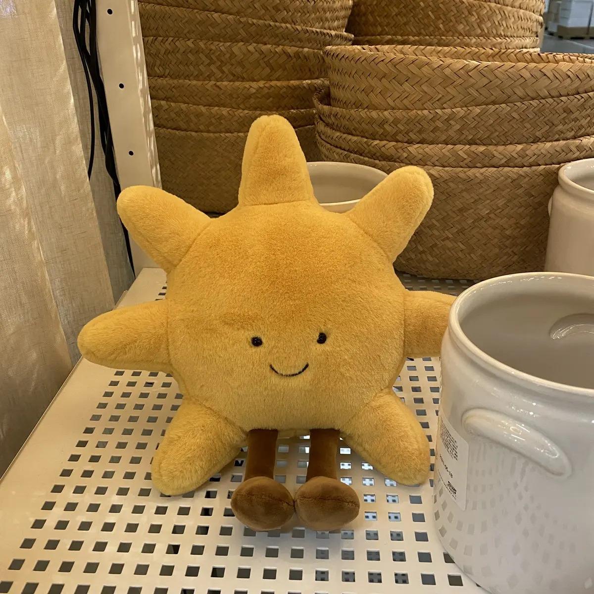 Adorable Smile Face White Moon Yellow Sun Plushie Stuffed Cute Cartoon Weather Plush Toy for Kid Bedroom Decor Sofa Throw Pillow