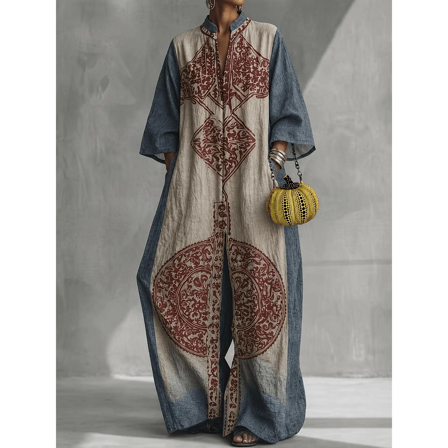 Women'S New Casual Oversized Vintage Ethnic Print Patchwork Jumpsuit, Back Zip Loose Fit Long Pants Jumpsuit
