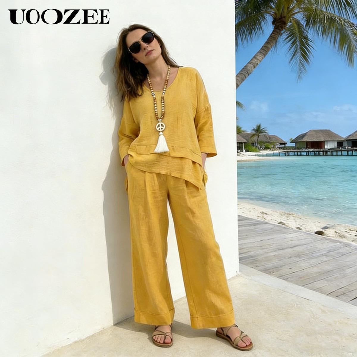 UOOZEE Women's Spring Summer Trend Look Loose Elastic Waistband with Pockets Wide Leg Pants & Oversized V-Neck Top Two-Piece Set, Spring Summer Casual/Work/Weekend Co-Ord for Women