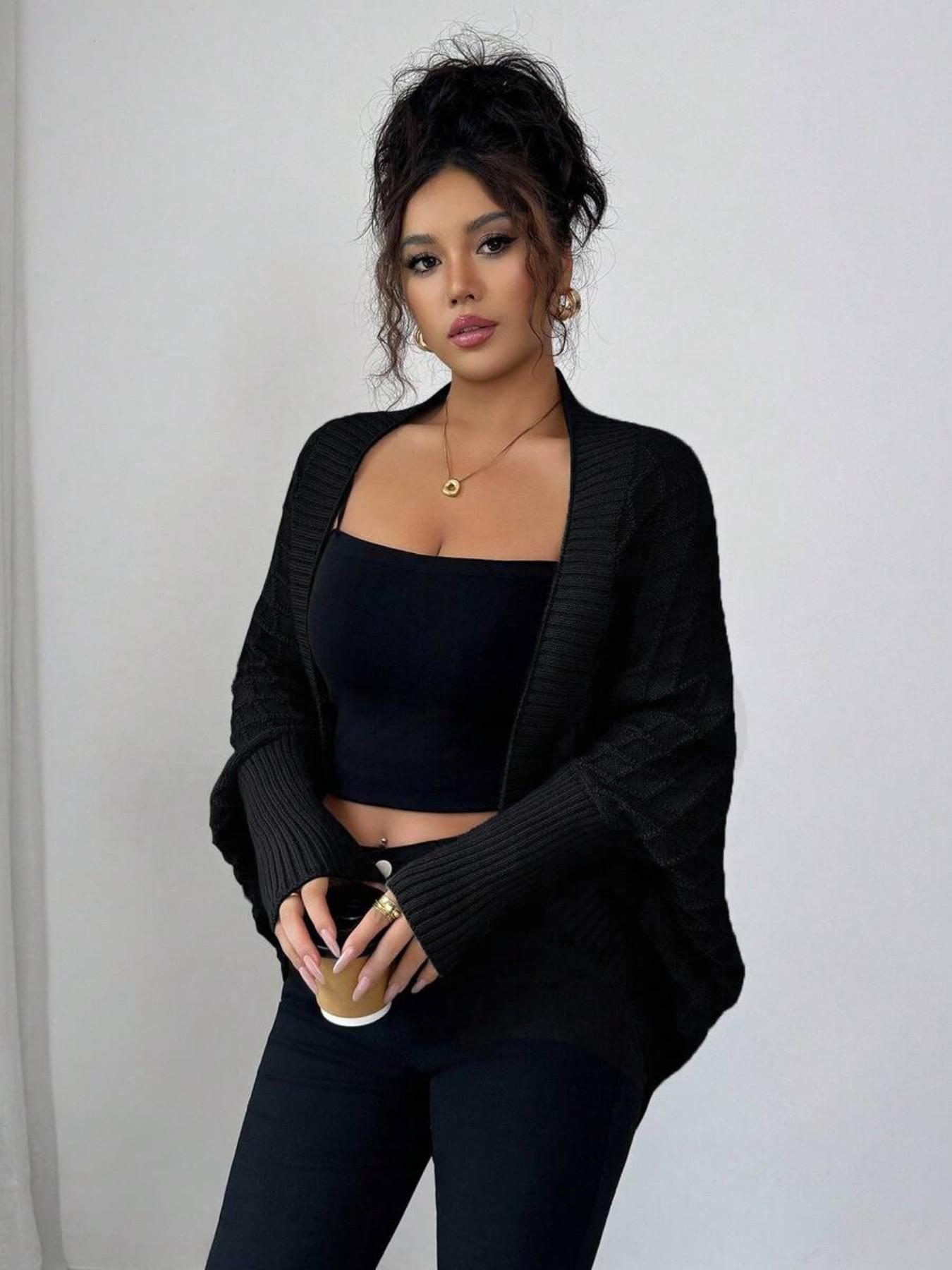 Fall and Winter Basic Casual Everyday Bat-Wing Slihouette Knit Sweater Vintage Mid-Length Cardigan Office