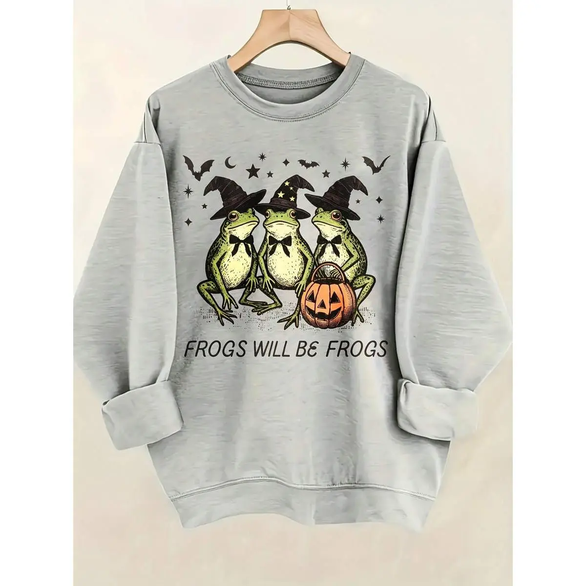 Algodón Puro Women's Fun Animal Crew Neck Sweatshirt "Frogs Are Frogs" Frog Witch Hat Halloween Print Casual Pullover For Everyday