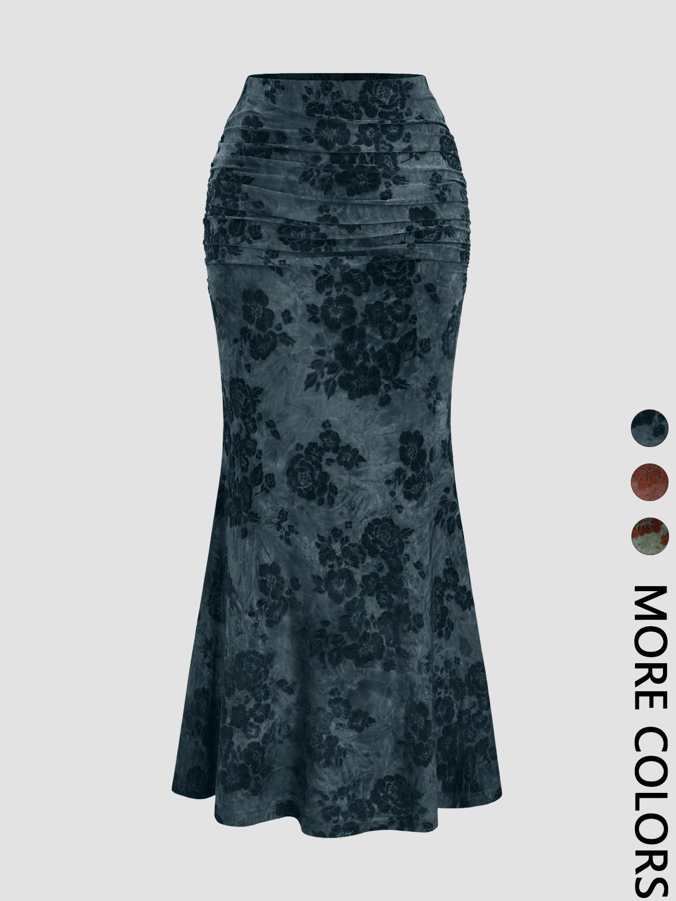 Women's Vintage Floral Print Long Mermaid Skirt, Casual Fashion Velvet Bottoms for All Seasons