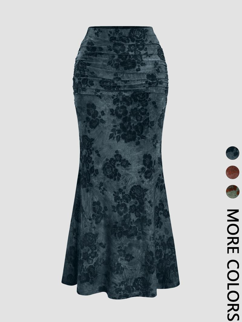 Women's Vintage Floral Print Long Mermaid Skirt, Casual Fashion Velvet Bottoms for All Seasons