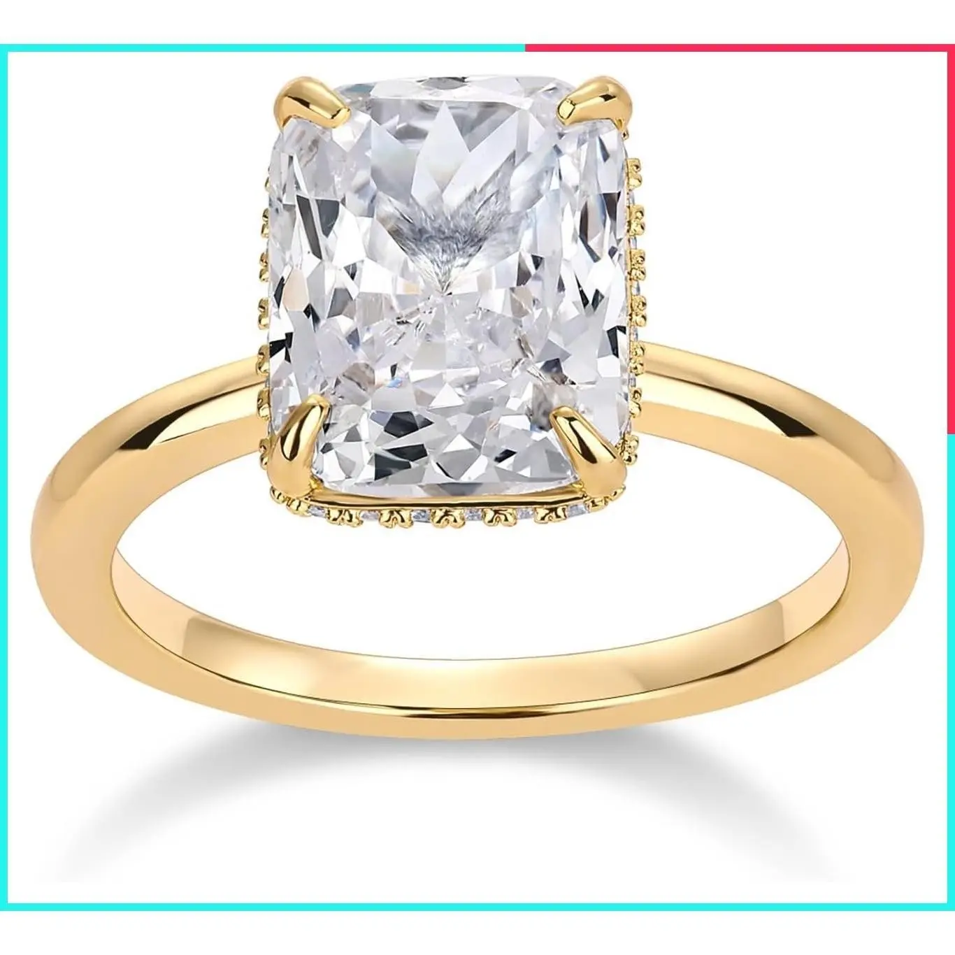 14K Gold Plated 3.5 CT Square Radiant Cut Cubic Zirconia Hidden Halo Engagement Promise Ring for Women