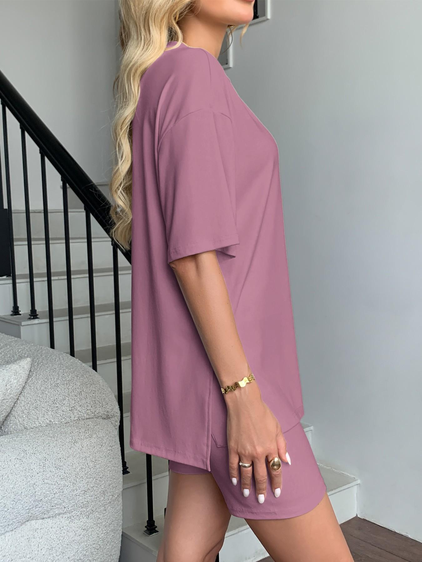 Cozy Mama Lounge Set, Women's 2-Piece, Crew Neck Oversized T-Shirts, Comfortable Home Wear, Perfect for Relaxing at Home