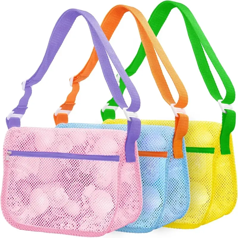 3PCS Mesh Beach Bags with Adjustable Straps - Sand Toy Storage, Seashell Pouches, Summer Beach Organizer Essentials (L Size)