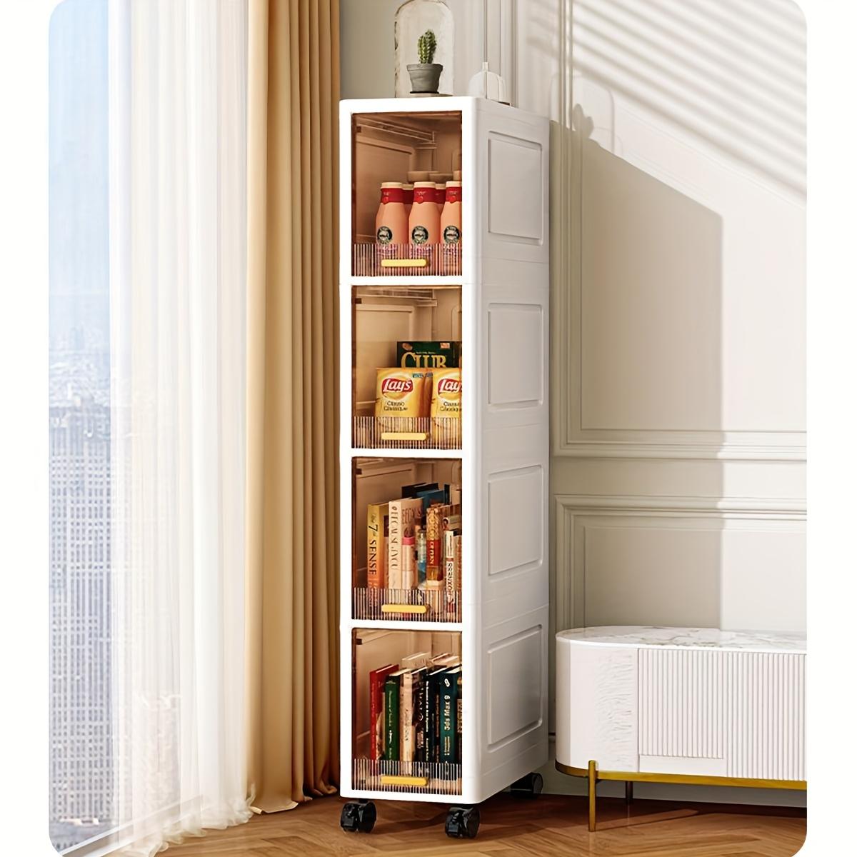 This is a multi-functional storage cabinet, available in 3, 4, or 5 tiers. It is designed to be dust-proof and foldable. Equipped with pull-out shelves and covered storage boxes, it is ideal for organizing snacks, clothes, and books.