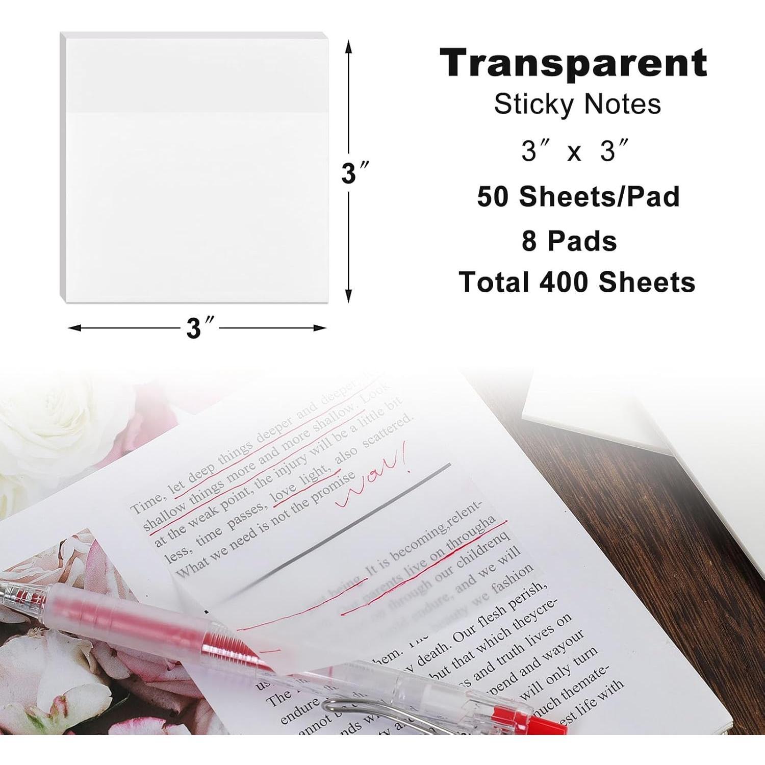 400 Sheets Transparent Sticky Notes, 3x3 inch 8 Pads Clear Sticky Notes, Self-Stick Translucent See Through Note Pads for Books Annotation 400 Sheets Transparent Sticky Notes, 3x3 inch 8 Pads Clear Sticky Notes, Self-Stick Translucent See Through Note Pads for Books Annotation