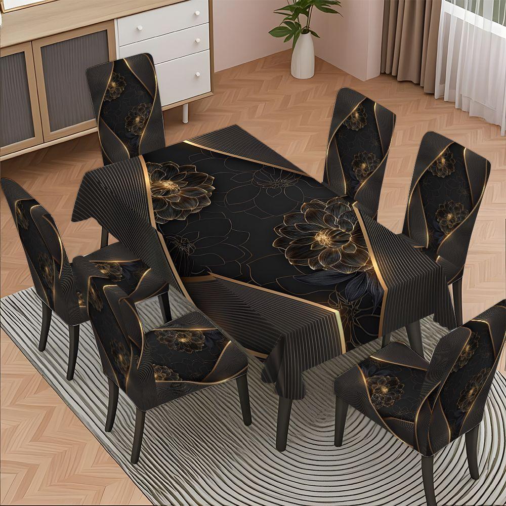 5/7-piece 2D Flat Printing Black - gold Floral Curve Splicing Printing Pattern Tablecloth and Chair Cover Set, for dining table and chair decoration, perfect for home, holiday gatherings, restaurants, and parties.