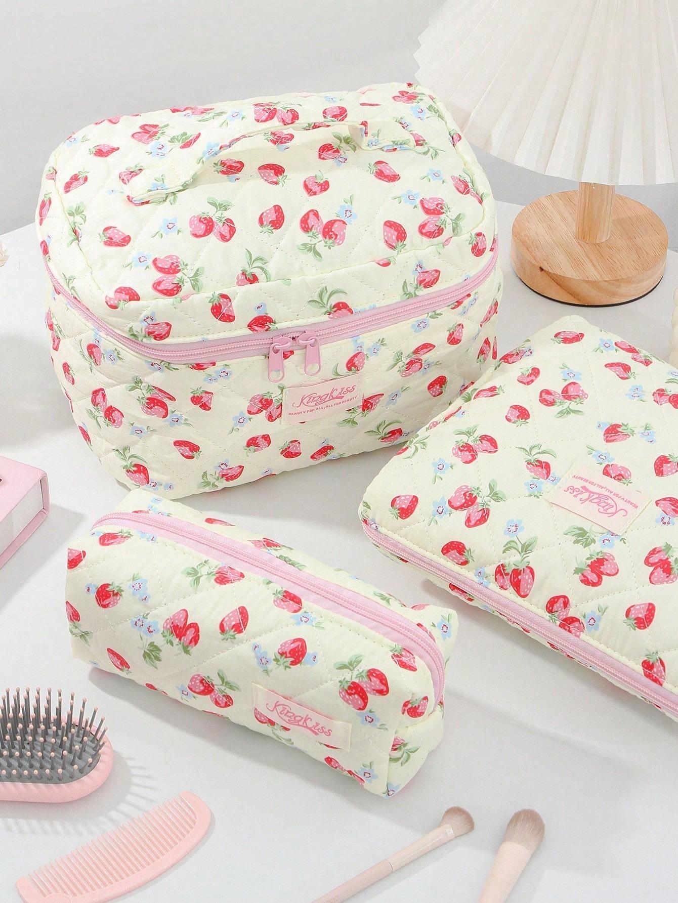 Cute Strawberry Pattern Makeup Bag, Large Capacity Travel Cosmetic Organizer, Multi-Functional Storage Pouch for Girls, Handy Makeup Brush & Pencil Case, Zipper Makeup Bag