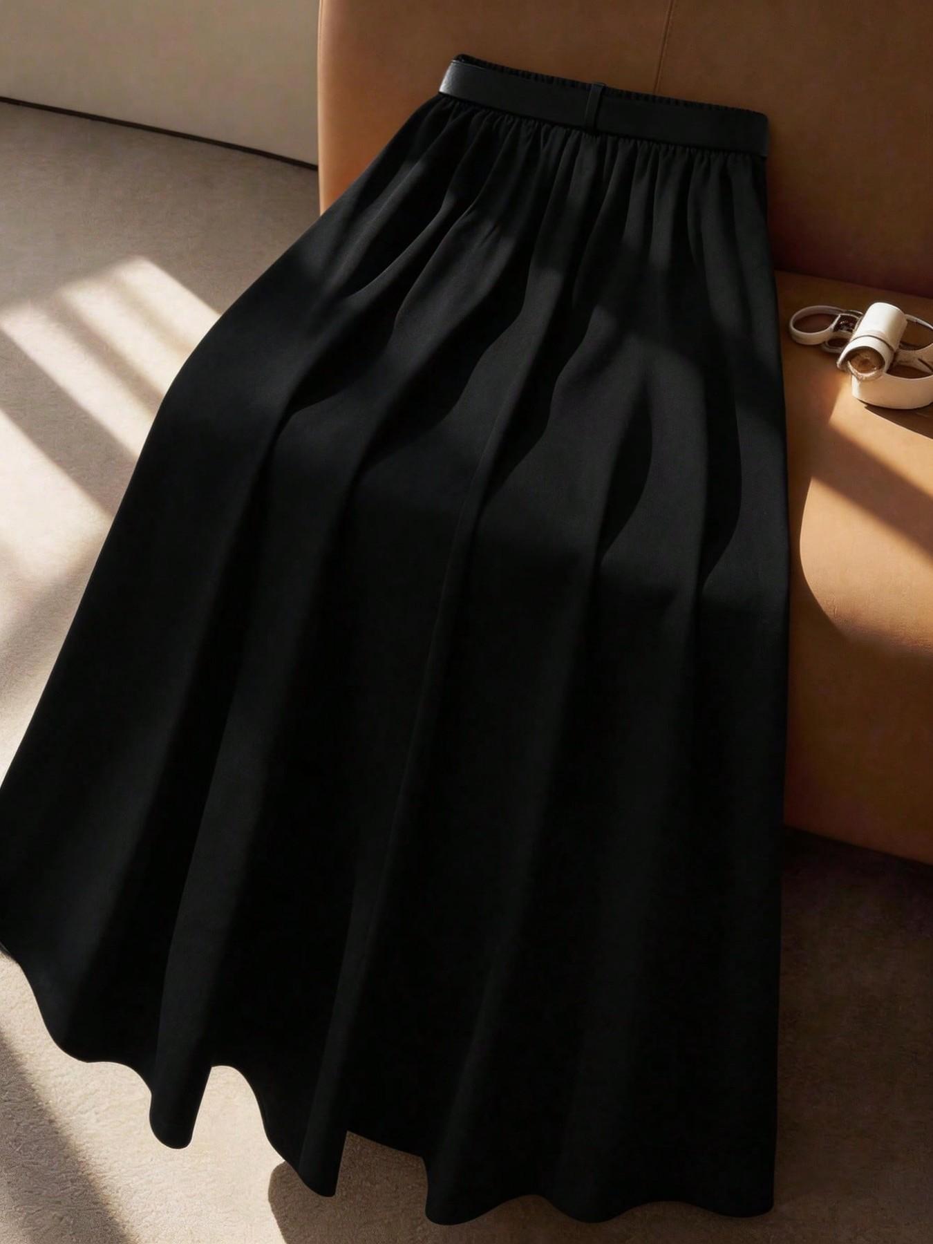 Plus Size Women’s Black and White Contrast Belted A-Line Skirt, Minimalist Elegant Work Midi Skirt for Office, Business, Wedding Guest and Casual Wear