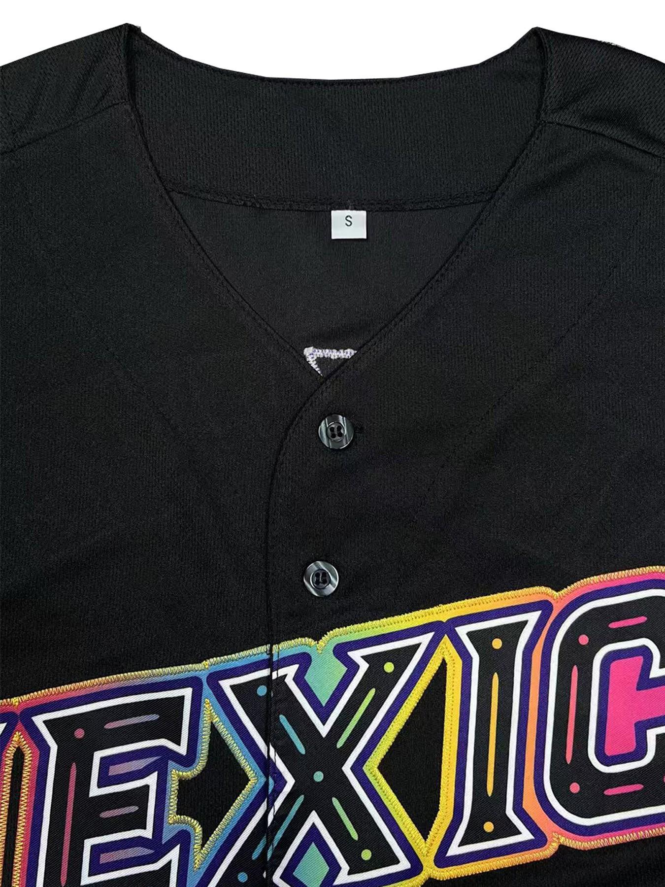 Men's "MEXICO" Embroidered Baseball Lightweight Jersey, V-Neck Loose Fit Breathable Sportswear, Short Sleeve Casual Top for Outdoor Sports & Casual Wear, All Seasons