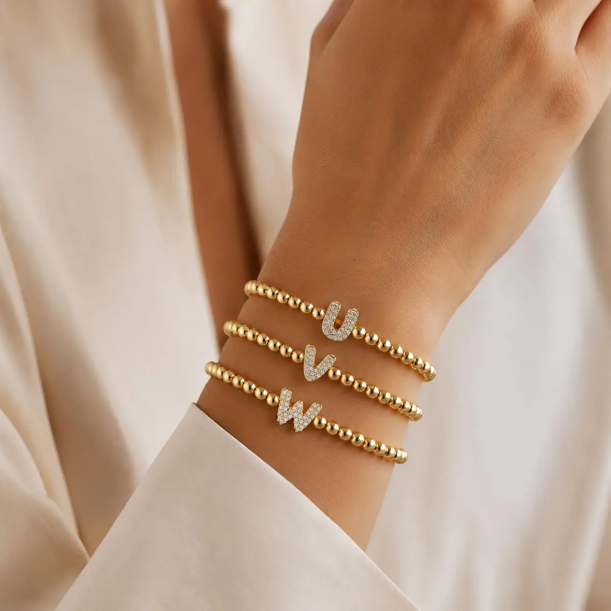 Handmade Golden Beaded Bracelet, Trendy Bubble Letter A-Z Initial Exquisite Shiny Cubic Zirconia Elastic Beads Bracelet Waterproof Non Tarnish Summer Beach Jewelry Vacation Travel Bracelet Holiday Gift