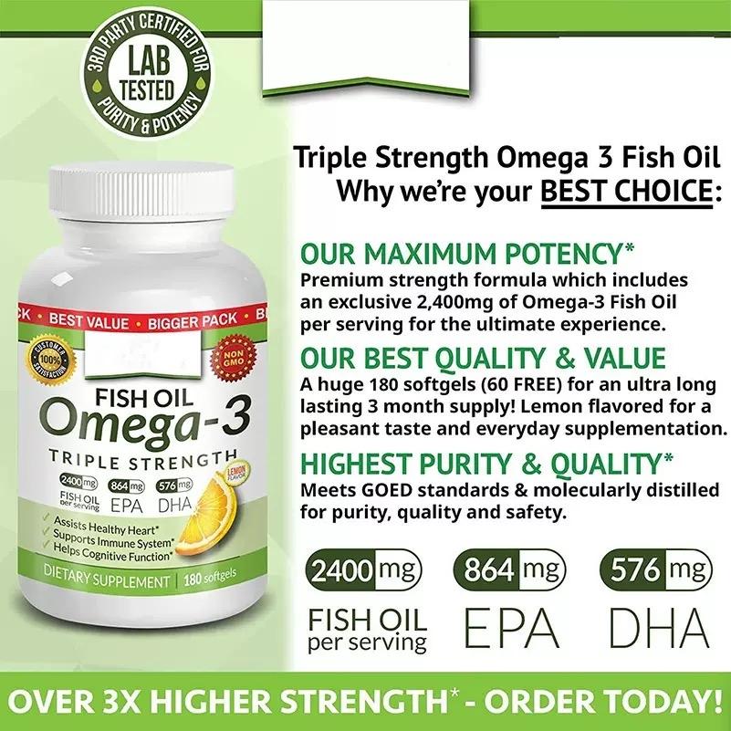Triple Strength Omega 3 Fish Oil Supplements 2400mg | 180 Capsules, Burpless High Potency Lemon Flavor, High Content Omega-3 Cod Liver Oil EPA and DHA Deep Sea Fish Oil Supports Immune System Natural Fish Oil Soft Capsules