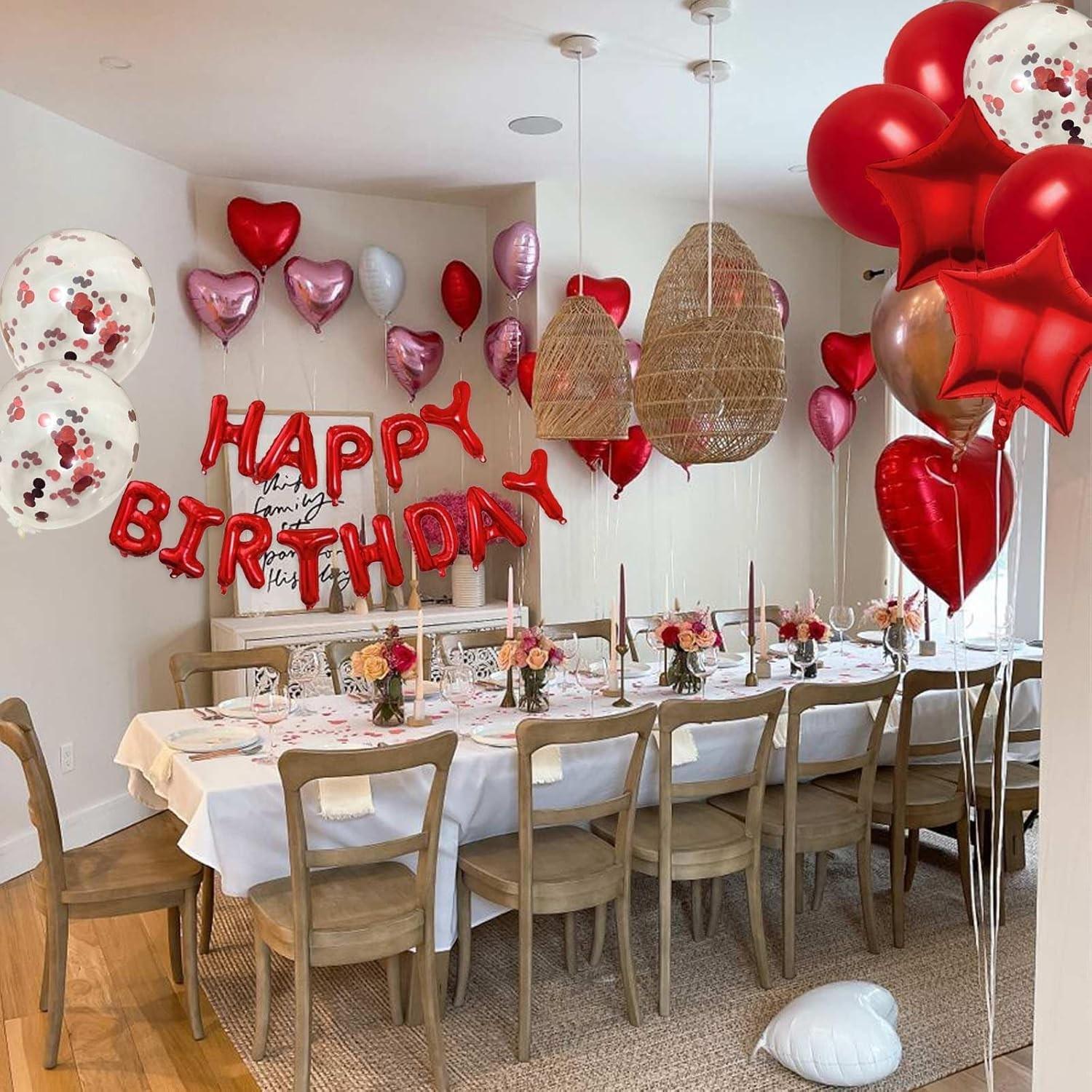 29 Pcs Red Birthday Decorations, 3D Foil Red Happy Birthday Balloon Banner, Pentagram Heart Foil Balloons Confetti Balloons Kit For Boys Girls Birthday Party Supplies