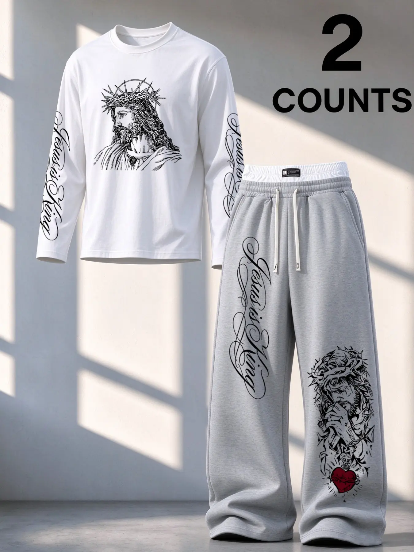 Men's 2-Piece Religious Print Set, Y2K Street Style Long Sleeve Top and Wide Leg Pants, Casual Loose-Fit for All Seasons