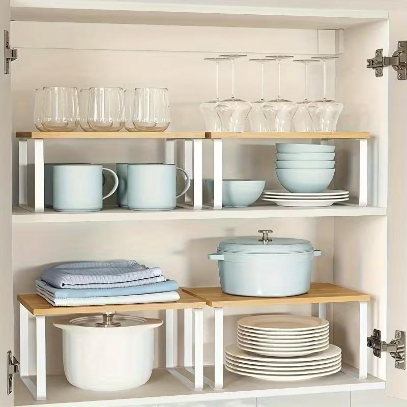 Wooden & Carbon Steel Kitchen Cabinet Organizer Set, Stackable Multi-Functional Storage Shelves, Non-Food Contact Safe Material