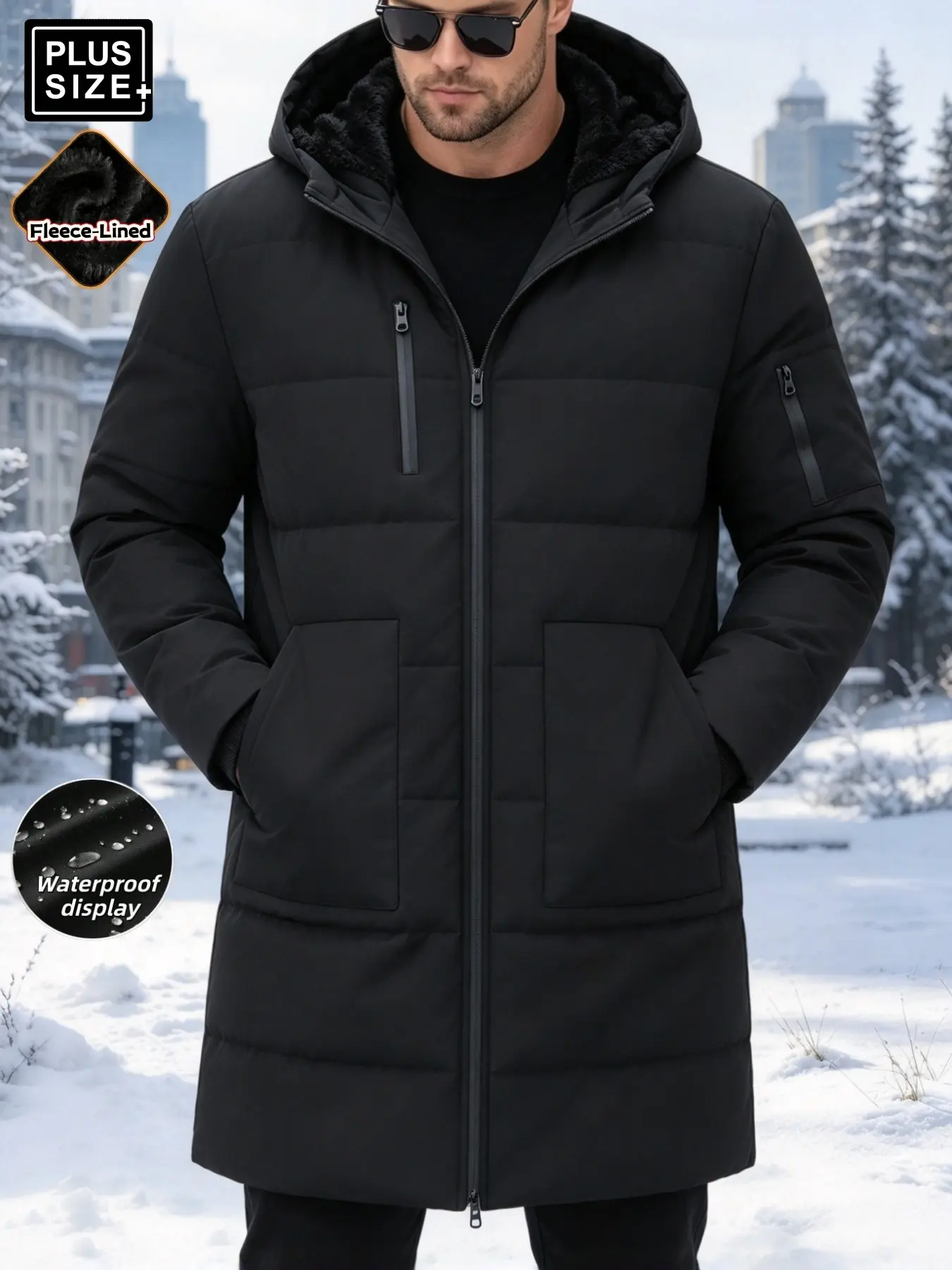 Plus Size Men's Long Coat, Fleece Lined Hooded Jacket, Loose Full Zip Multi-Pocket, Windproof Soft Polyester Fabric, Casual Outerwear for Winter
