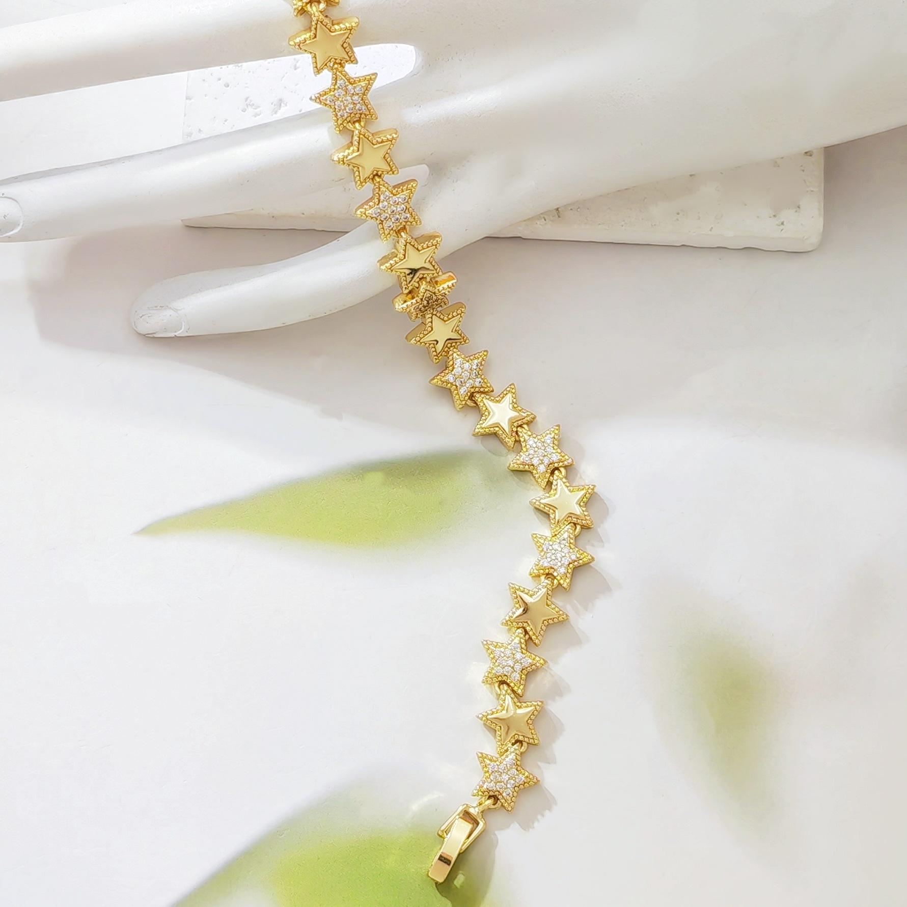 Women's 18 Karat Gold-Plated Star Tennis Bracelet, Dainty Sparkling Cubic Zirconia Link Chain, Celestial Eternity Jewelry, Elegant Wedding Charm, 7.48 in Birthday Christmas Gift for Her