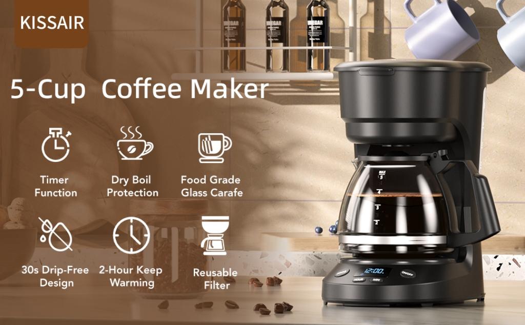 KISSAIR Compact 5-Cup Programmable Drip coffee  machines : 24h Timer, 2h Keep-Warm + Auto Shut-Off, 30s Pause-to-Serve, with Reusable Filter & Drip-Proof Glass Carafe, for Home, Small Kitchens, Offices