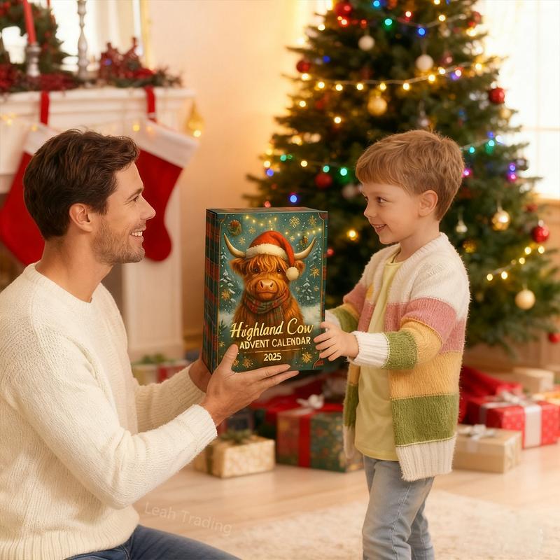 2D Graphic Design, 2025 24 Days of Christmas Countdown Calendar with 24 Collectible Mini Cows - Scottish Theme Christmas and Halloween Countdown Calendar, 1-24 Numbered Doors, Daily Cow-Shaped Display, Christmas Decoration