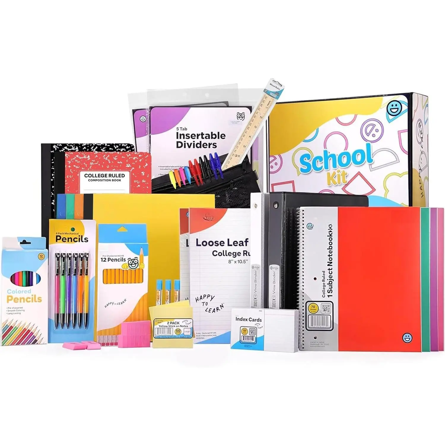 to School Supplies High School Kit -87  School Supplies Box | With Composition Notebooks, Spirals, Binders, Folders, Pens, Pencils, Tab Dividers, Filler Paper, Pencil Pouch and