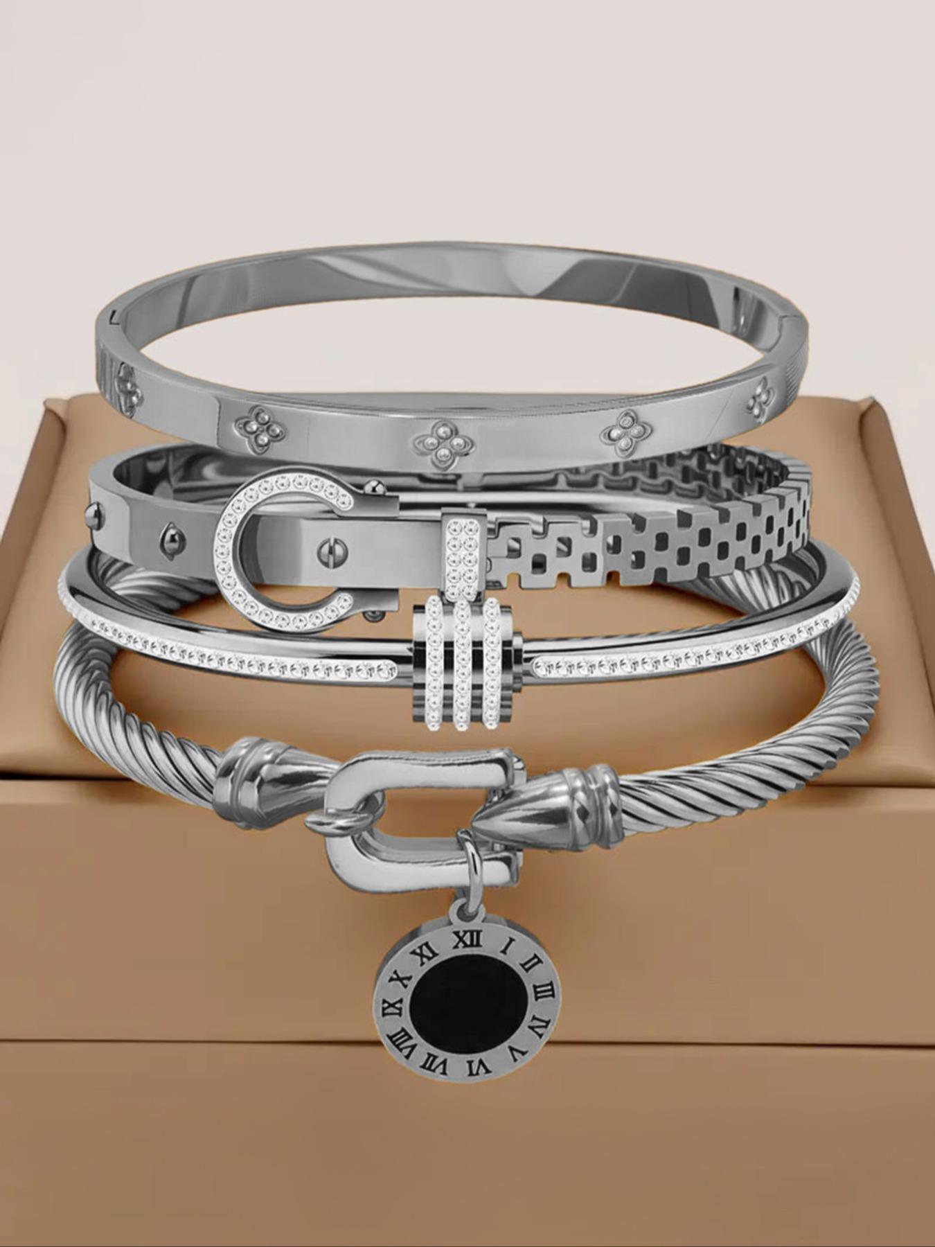 4-Piece Luxury Stainless Steel High Quality Bracelet Set, Women's Gold-plated Rhinestone Decorative Stackable Bracelets, Classic Wrist Accessory, Perfect Exquisite Holiday Gift