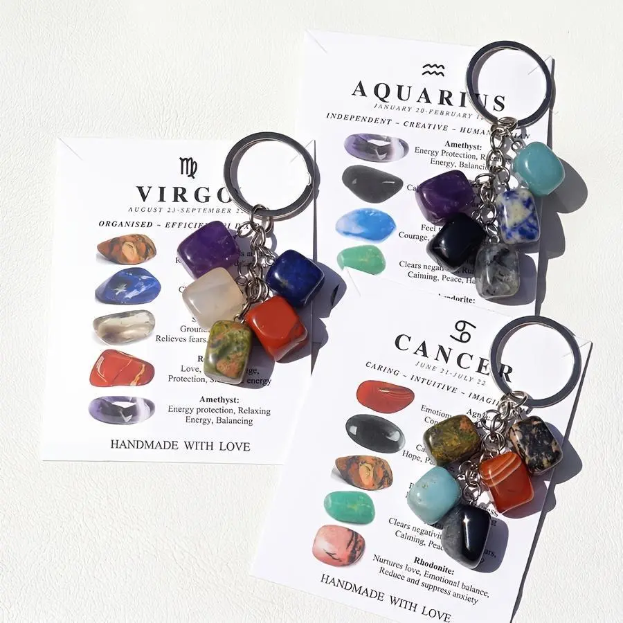 12 Zodiac Signs Natural Gemstone Keychain - Handmade Healing Crystal Key Ring with Astrology Charm, Keychain for Car Keys, Spiritual Gift for Women, Birthday Party Favors, Bag & Car Accessories