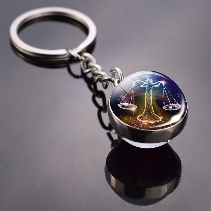 New Fashion Double Side Glass Ball Pendant Keychain 12 Zodiac Signs Keyring for Boyfriend Girlfriend Birthday Gifts