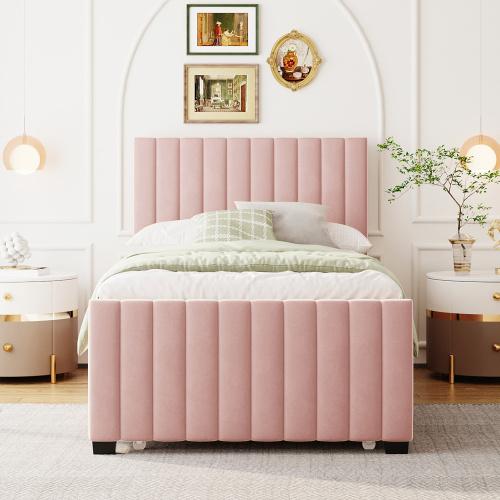 [Bellemave]Twin/Full Size Velvet Upholstered Platform Bed with Twin Size Trundle