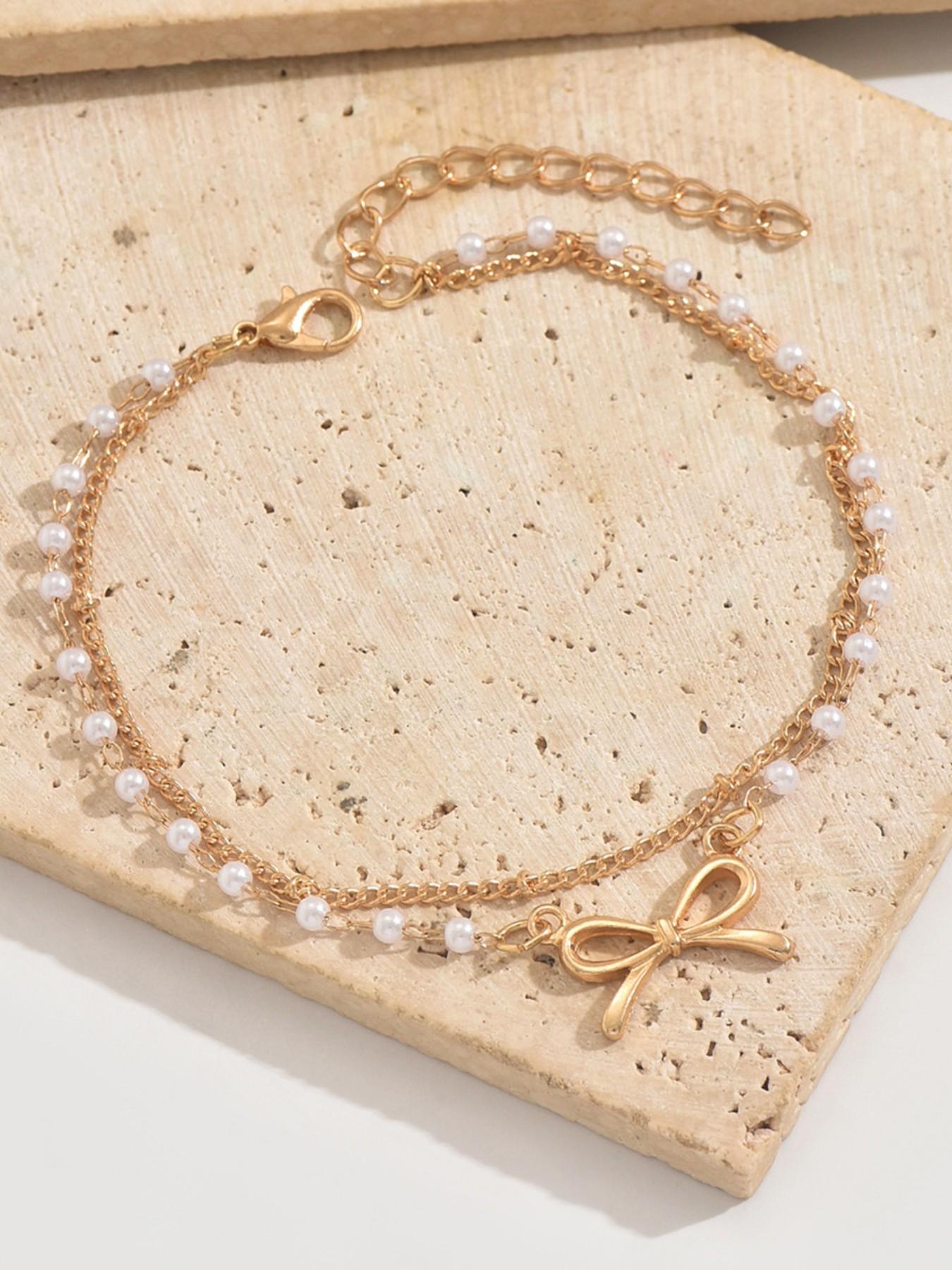 Women's Fashion Anklet, Vintage Summer Vacation Style, Geometric Design, Elegant Faux Pearl Chain with Bow Pendant, Perfect for Beach Parties