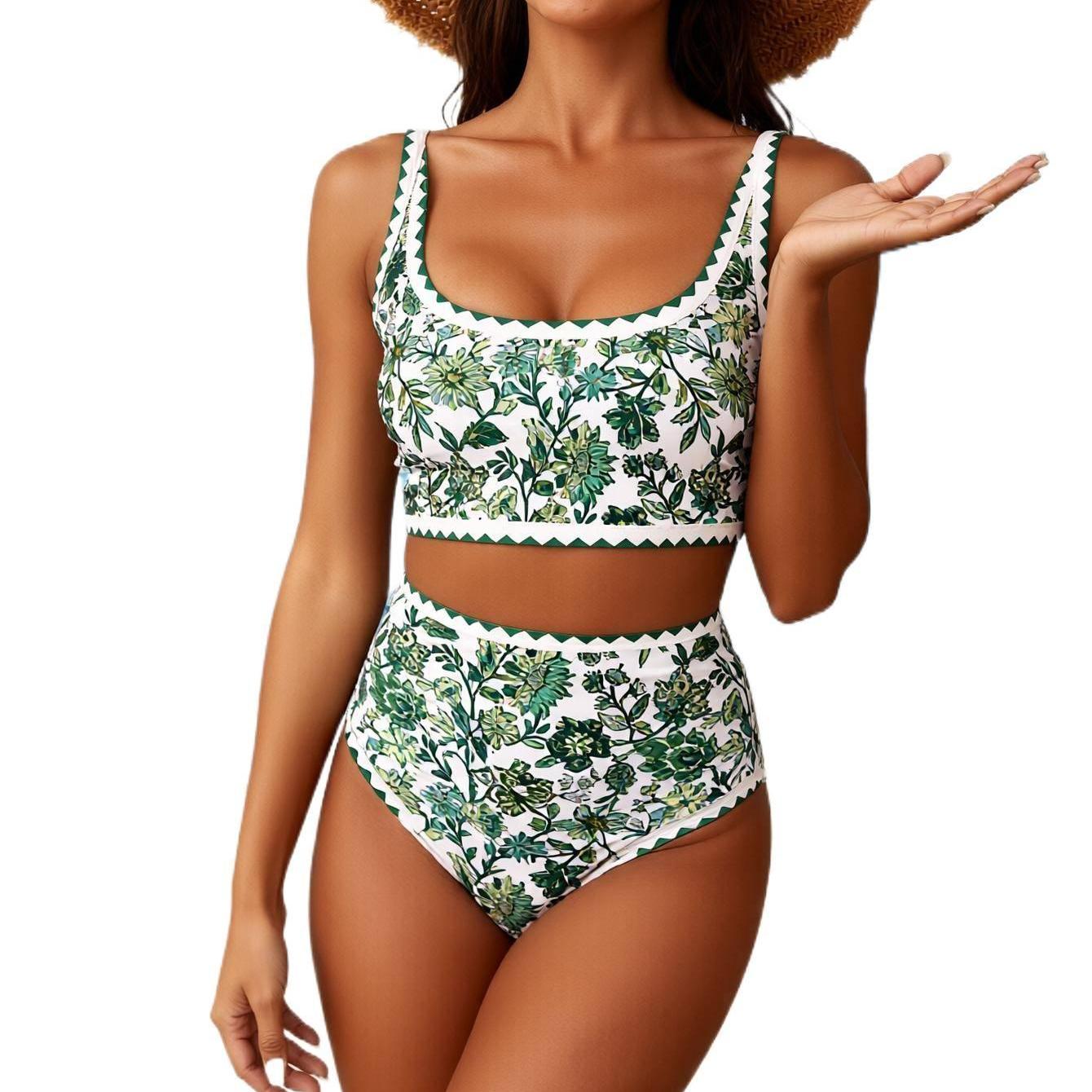 Women's Fashion Two-Piece Set High-Waisted Floral Bikini  Slimming with Tummy Control Wide Shoulder Straps Vacation Swimsuit  Perfect for Vacation Photoshoots