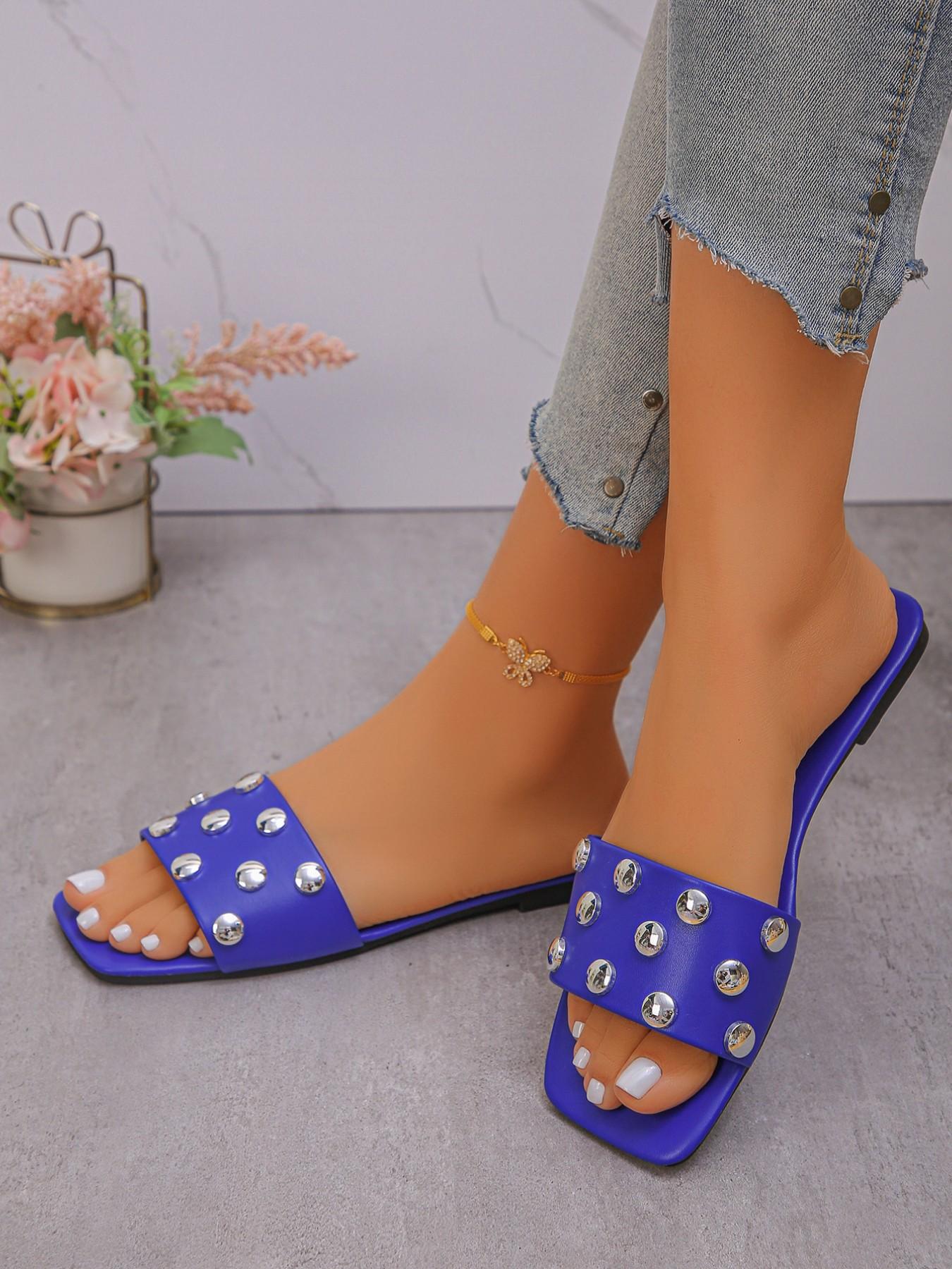 Women's Summer Flat Sandals, Large Size Rivet Decor, Fashion Square Toe, Solid Color, Comfortable Casual Footwear for Women