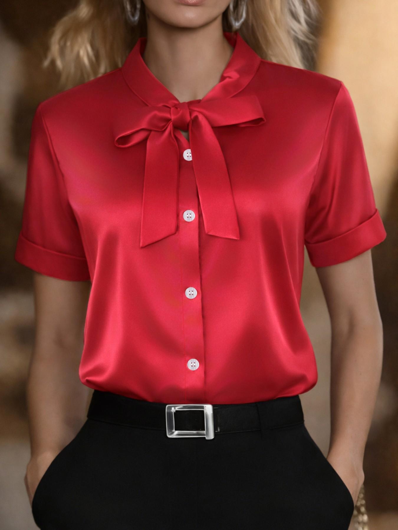 Classic short-sleeved satin shirt with a ribbon detail at the neckline, Fitted Elegant solid color, perfect for spring and summer wear. A stylish women's Smooth Blouse