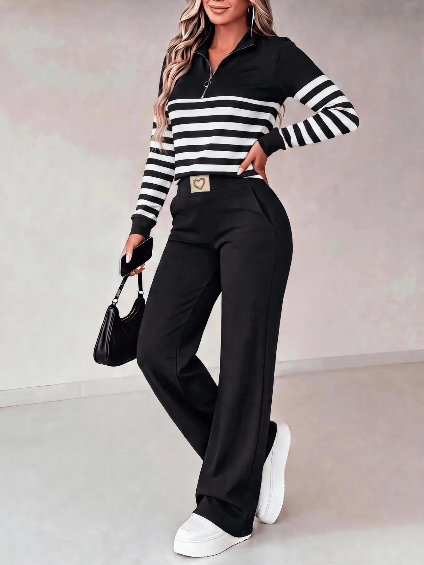 Women's Fall Winter Knit Shirt Long Sleeve Set, Striped Patchwork Top, Zipper Design, Comfortable Fit, Casual Office Wear Outfit