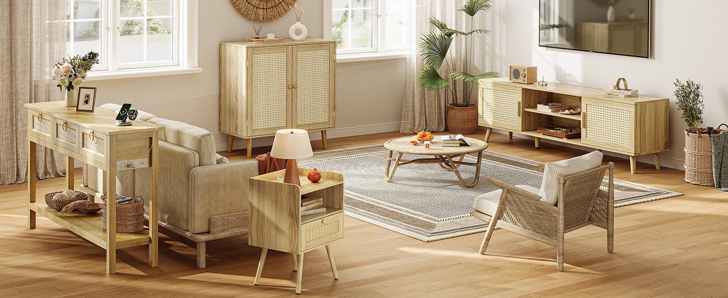 SUPERJARE Rattan Console Sofa Table with Outlets and USB-C Port, 3 Drawer Entryway Table with Synthetic Rattan Surface, Open Shelf, Behind Couch Entry Foyer Hallway Storage