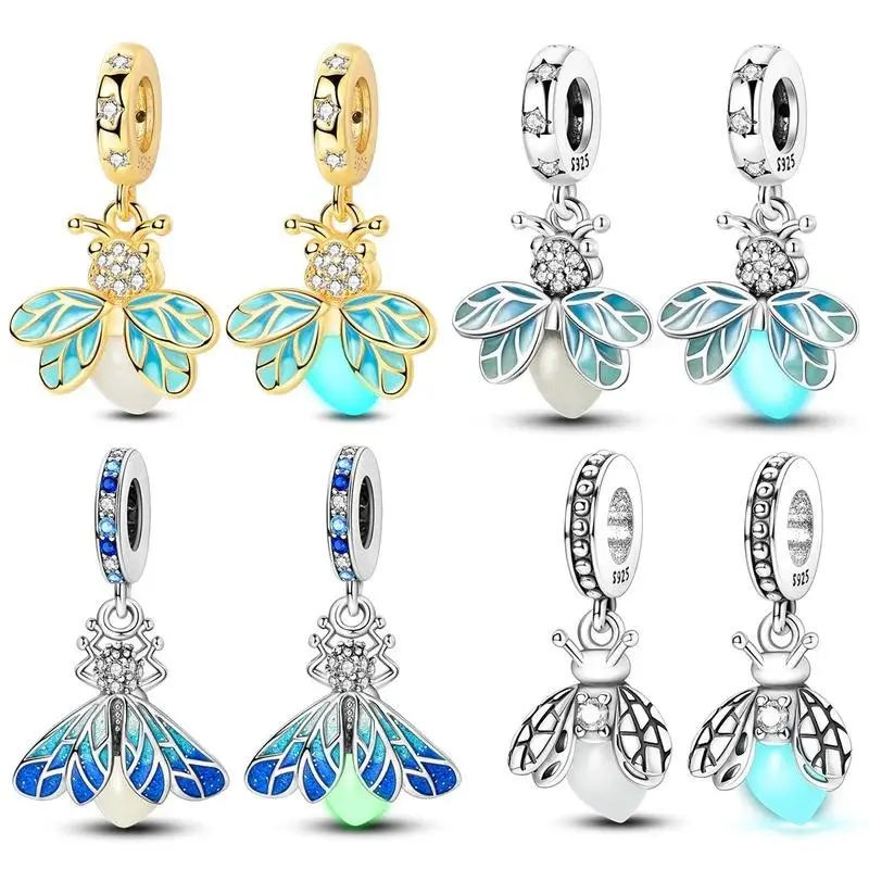 925 Sterling Silver Luminous Firefly Charms Beads Lovely Golden Glowworm Pendant Fit Bracelet DIY Women Jewelry Gift